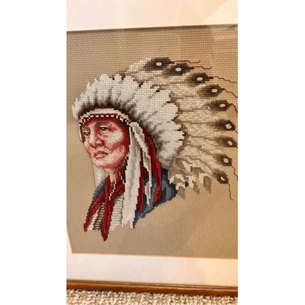 Vintage Hollow Horn Bear Cross Stitch Framed Native American Portrait 1992 15x15